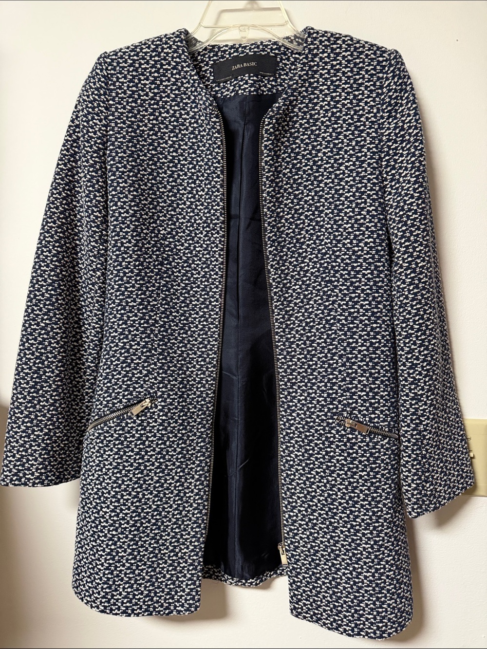 Zara Navy and White Tweed Open-Front Jacket